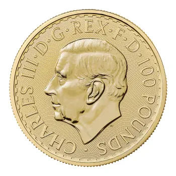 Britannische 1 Unze Gold Britannia des Jahres 2027. Die Motivseite zeigt Britannia mit Helm, Schild, Olivenzweig und Dreizack. Die Jubiläumsausgabe trägt das „40“ Wave Privy Mark und eine strukturierte Hintergrundgestaltung.