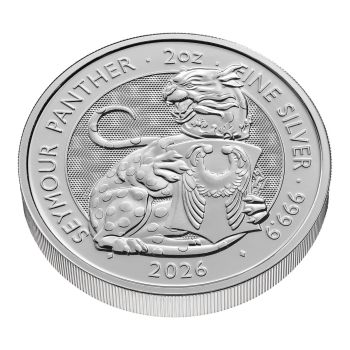 Britische 2 Unzen Silbermünze aus dem Jahr 2026 aus der Royal Tudor Beasts Bullion Collection. Die Motivseite zeigt den Seymour Panther mit einem Schild mit den Seymour Flügeln. Die Münze besteht aus 999,9/1000 Feinsilber.