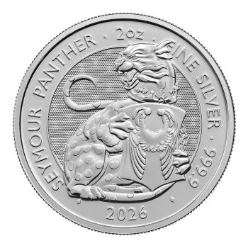 Britische 2 Unzen Silbermünze aus dem Jahr 2026 aus der Royal Tudor Beasts Bullion Collection. Die Motivseite zeigt den Seymour Panther mit einem Schild mit den Seymour Flügeln. Die Münze besteht aus 999,9/1000 Feinsilber.