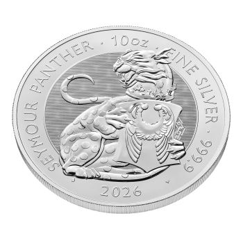Britische 10 Unzen Silbermünze aus dem Jahr 2026 aus der Royal Tudor Beasts Bullion Collection. Die Motivseite zeigt den Seymour Panther mit einem Schild mit den Seymour Flügeln. Die Münze besteht aus 999,9/1000 Feinsilber.