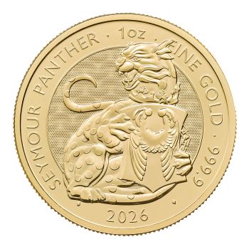 Britische 1 Unze Goldmünze aus dem Jahr 2026 aus der Royal Tudor Beasts Bullion Collection. Die Motivseite zeigt den Seymour Panther mit einem Schild mit den Seymour Flügeln. Die Münze besteht aus 999,9/1000 Feingold.
