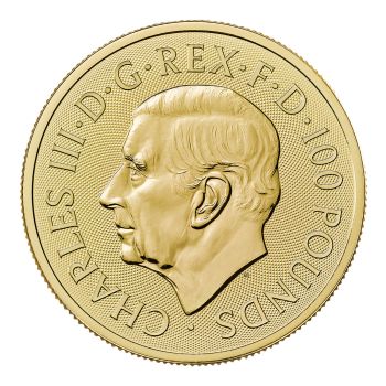 Britische 1 Unze Goldmünze aus dem Jahr 2026 aus der Royal Tudor Beasts Bullion Collection. Die Motivseite zeigt den Seymour Panther mit einem Schild mit den Seymour Flügeln. Die Münze besteht aus 999,9/1000 Feingold.