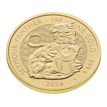 Britische 1 Unze Goldmünze aus dem Jahr 2026 aus der Royal Tudor Beasts Bullion Collection. Die Motivseite zeigt den Seymour Panther mit einem Schild mit den Seymour Flügeln. Die Münze besteht aus 999,9/1000 Feingold.