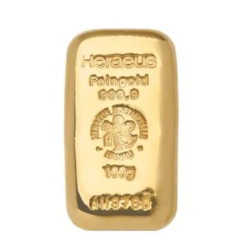 100 Gramm Goldbarren Heraeus mit Seriennummer