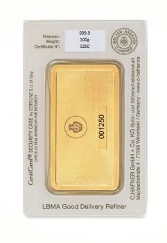 100 Gramm Goldbarren C.HAFNER geprägt in Blister mit Seriennummer
