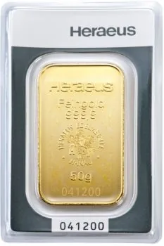50 Gramm Goldbarren Heraeus in Blister mit Seriennummer