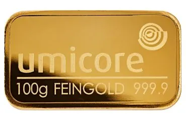 100 Gramm Goldbarren Umicore mit Seriennummer
