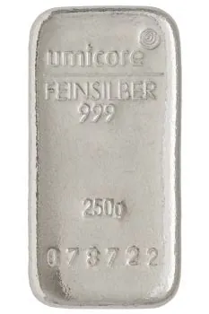 250 Gramm Silberbarren Umicore mit Seriennummer
