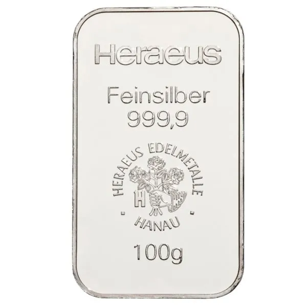 100 Gramm Silberbarren Heraeus – Neuware, geprägt im Blister, LBMA-zertifiziert