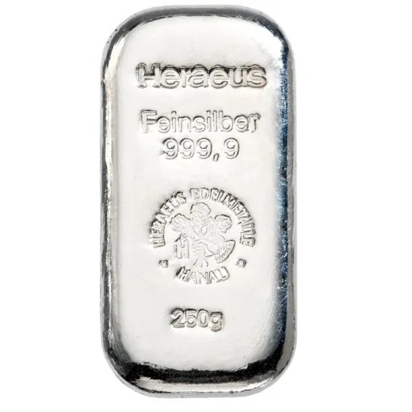 250 Gramm Silberbarren Heraeus – Neuware, gegossen, LBMA-zertifiziert