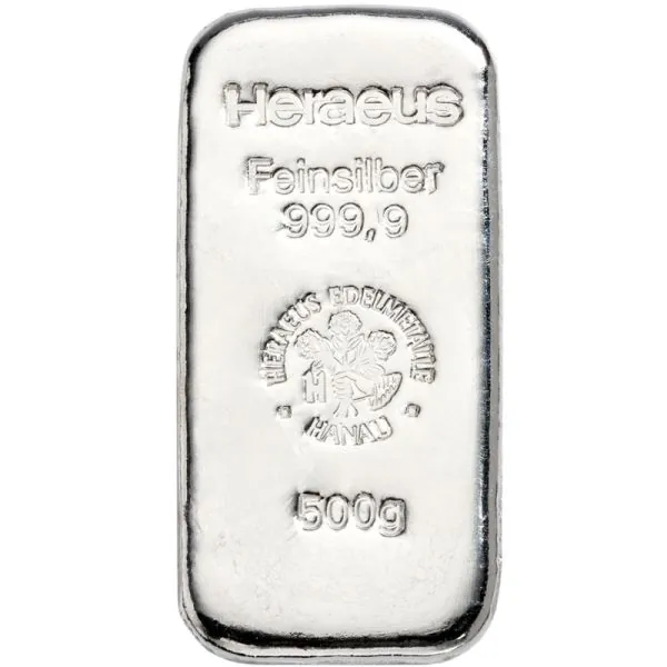 500 Gramm Silberbarren Heraeus – Neuware, gegossen, LBMA-zertifiziert