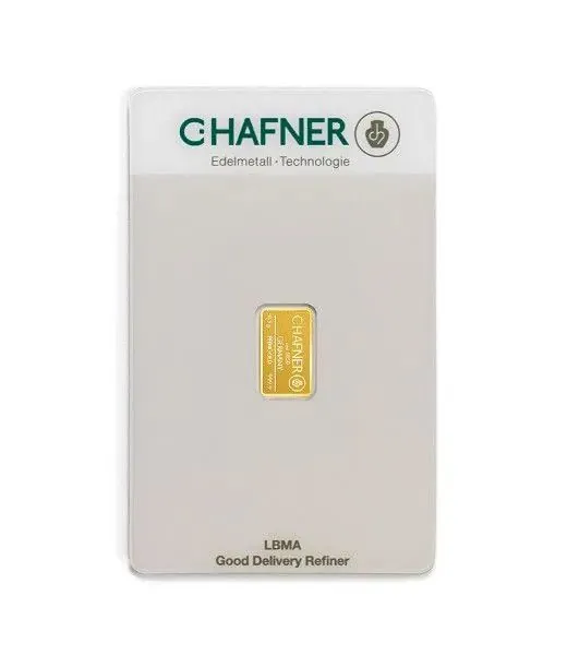 0,5 Gramm Goldbarren von Valcambi und C. HAFNER im transparenten Blister mit zugehörigem Zertifikat und individueller Seriennummer.