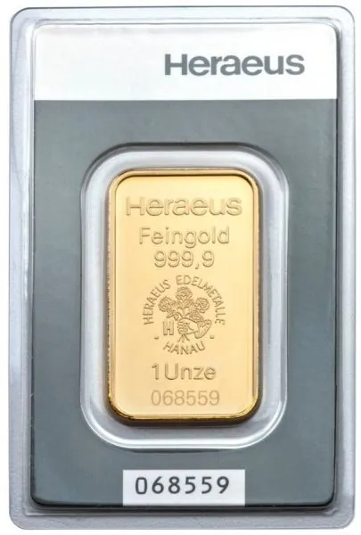 Unser Ankaufspreis für 1 Unze Goldbarren Heraeus, Umicore, Valcambi und C. HAFNER mit Zertifikat in Blister mit Seriennummer