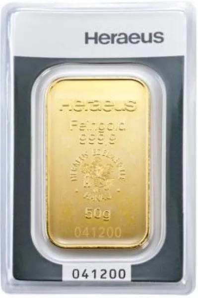 Unser Ankaufspreis für 50 Gramm Goldbarren Heraeus, Umicore, Valcambi und C. HAFNER mit Zertifikat in Blister mit Seriennummer