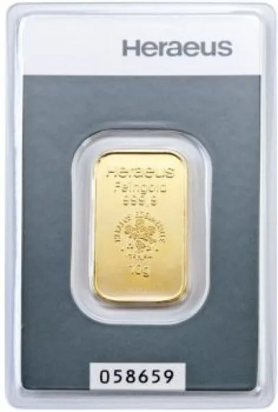 Unser Ankaufspreis für 10 Gramm Goldbarren Heraeus, Umicore, Valcambi und C. HAFNER mit Zertifikat in Blister mit Seriennummer