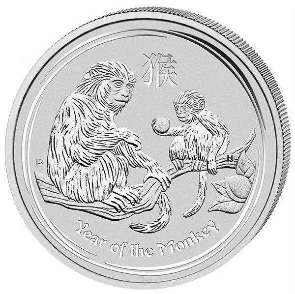 10 Unzen Silbermünze Australien 2016 aus der Lunar Serie II mit dem Motiv eines Affen. Auf der Münzseite sind der Affe, das chinesische Schriftzeichen und die Bezeichnung „YEAR OF THE MONKEY“ zu sehen.