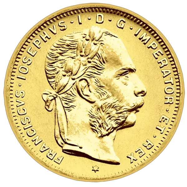 Österreich 8 Florin Goldmünze aus 900er Gold mit Porträt von Kaiser Franz Joseph I., historische Goldanlagemünze als Symbolbild für den Ankauf.