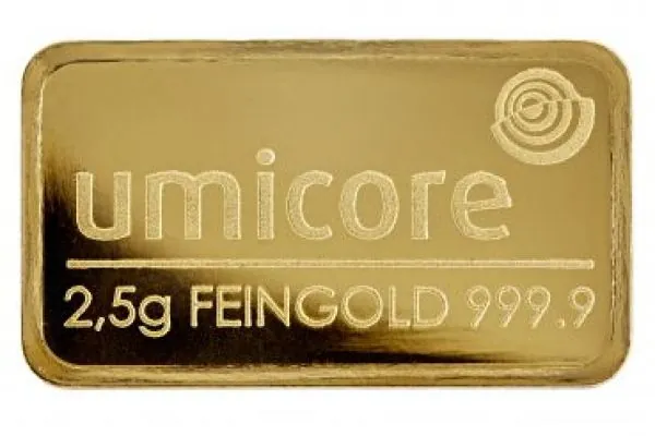 Unser Ankaufspreis für 2.5 Gramm Goldbarren Umicore und Valcambi mit Zertifikat in Blister mit Seriennummer