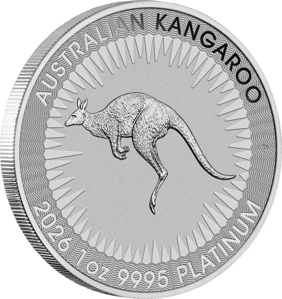 „1 Unze Platinmünze Australien 2026 Känguru, geprägt von der Perth Mint, Vorderseite zeigt König Charles III., Rückseite mit klassischem Känguru-Motiv und feinem Linienhintergrund, einzeln in Münzkapsel verpackt.“