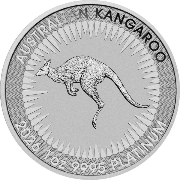 „1 Unze Platinmünze Australien 2026 Känguru, geprägt von der Perth Mint, Vorderseite zeigt König Charles III., Rückseite mit klassischem Känguru-Motiv und feinem Linienhintergrund, einzeln in Münzkapsel verpackt.“