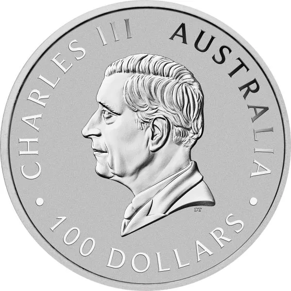 „1 Unze Platinmünze Australien 2026 Känguru, geprägt von der Perth Mint, Vorderseite zeigt König Charles III., Rückseite mit klassischem Känguru-Motiv und feinem Linienhintergrund, einzeln in Münzkapsel verpackt.“
