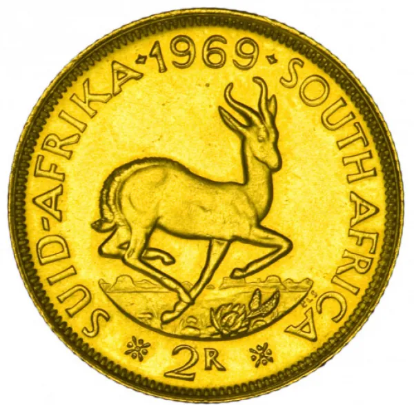 Südafrika 2 Rand Goldmünze, Vorderseite mit Porträt von Jan van Riebeeck, Rückseite mit südafrikanischem Staatswappen; goldfarbene Kurantmünze aus 22-Karat-Gold.