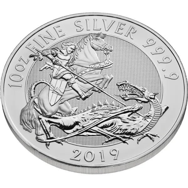 10 Unzen Silbermünze Großbritannien 2019 „The Valiant“ mit dem Motiv von St. George zu Pferd im Kampf mit einem Drachen.