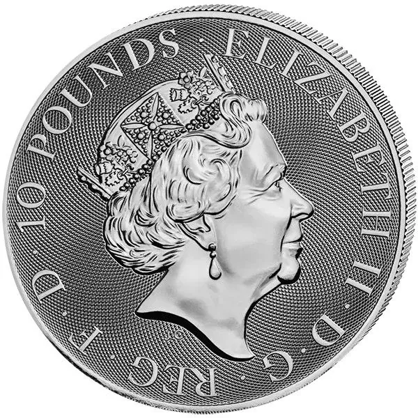 10 Unzen Silbermünze Großbritannien 2019 „The Valiant“ mit dem Motiv von St. George zu Pferd im Kampf mit einem Drachen.