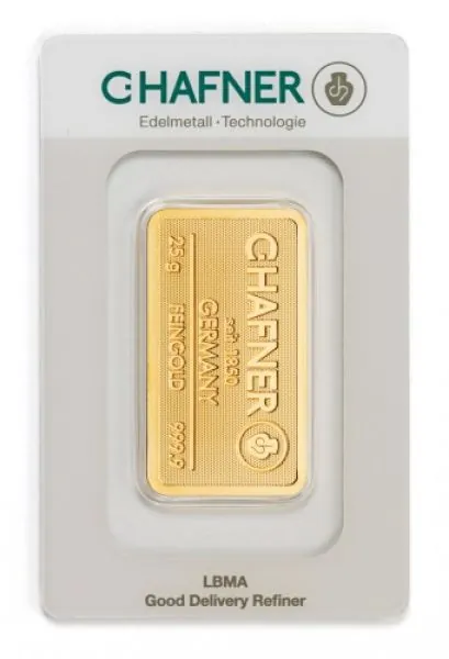 Unser Ankaufspreis für 25 Gramm Goldbarren C. HAFNER mit Zertifikat in Blister mit Seriennummer