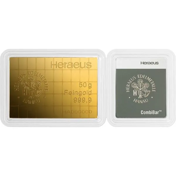 50 x 1 Gramm CombiBar Goldtafel von Heraeus aus 999,9 Feingold im Originalblister. Die Goldtafel besteht aus 50 einzeln abtrennbaren 1-Gramm-Goldbarren mit LBMA-Zertifizierung.