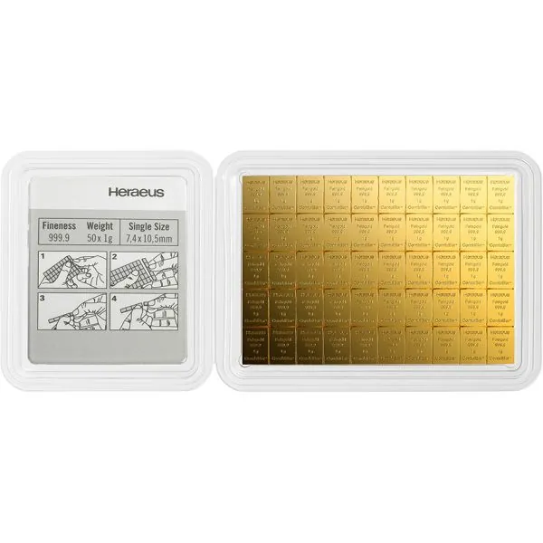 50 x 1 Gramm CombiBar Goldtafel von Heraeus aus 999,9 Feingold im Originalblister. Die Goldtafel besteht aus 50 einzeln abtrennbaren 1-Gramm-Goldbarren mit LBMA-Zertifizierung.