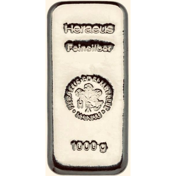 1000 Gramm / 1 Kilo Silberbarren Heraeus – gegossen mit Patina, lose, LBMA-zertifiziert *