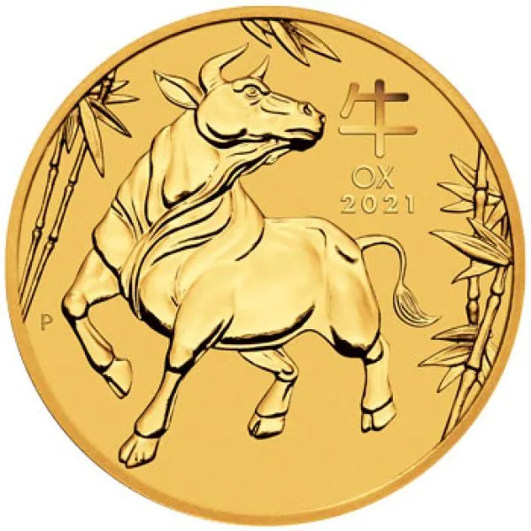 1/2 Unze Goldmünze Australien 2021 Lunar Serie 3 mit Motiv Ochse aus 999,9 Feingold, Wertseite mit Porträt von Königin Elizabeth II.