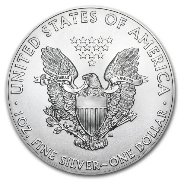 1 Unze Silbermünze USA – American Eagle Type 1, Vorderseite mit Lady Liberty, Rückseite mit fliegendem Adler auf Olivenzweig, geprägt aus 999er Feinsilber.