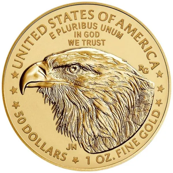 1 Unze Goldmünze USA 2021 American Eagle Type 2 aus 916,67 Gold mit Lady Liberty auf der Vorderseite und dem neuen Weißkopfseeadler der Type-2-Serie auf der Rückseite.