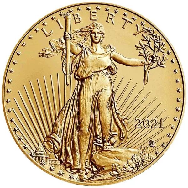 1 Unze Goldmünze USA 2021 American Eagle Type 2 aus 916,67 Gold mit Lady Liberty auf der Vorderseite und dem neuen Weißkopfseeadler der Type-2-Serie auf der Rückseite.