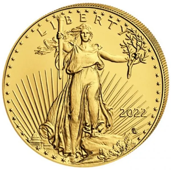 1 Unze Goldmünze USA 2022 American Eagle aus 916,67 Gold mit Lady Liberty auf der Vorderseite und dem modernen Type-2-Weißkopfseeadler auf der Rückseite.