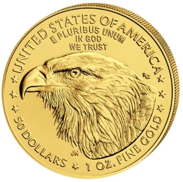 1 Unze Goldmünze USA 2022 American Eagle aus 916,67 Gold mit Lady Liberty auf der Vorderseite und dem modernen Type-2-Weißkopfseeadler auf der Rückseite.