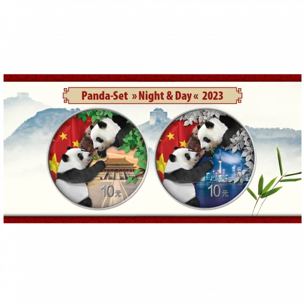 2 x 30 Gramm Silbermünzen China 2023 - Panda SET Night & Day in Farbe inkl. Münzetui und Zertifikat | Variante 1