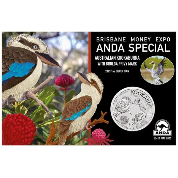 1 Unze Silbermünze Australien 2023 - Kookaburra | Brisbane Money Expo ANDA Special - Brolga Privy Mark ( Kranich )
