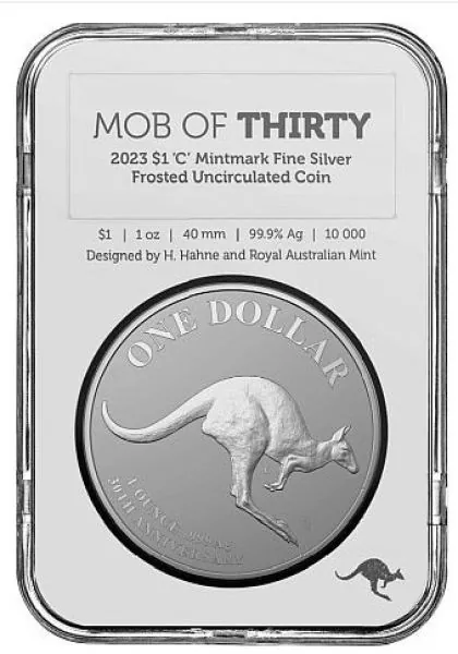 1 Unze Silbermünze Australien 2023 - Känguru im Blister | RAM Ausgabe | Motiv: 30 Jahre Känguru - Mob of Thirty