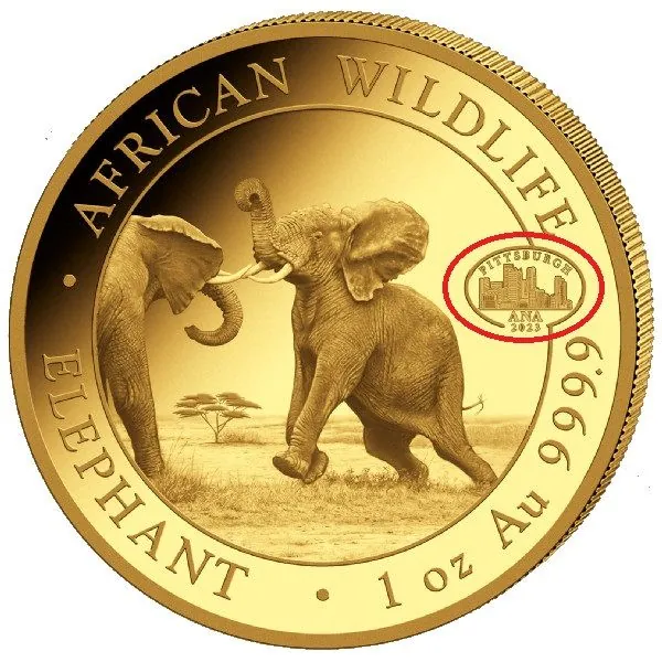 1 Unze Goldmünze Somalia 2023 - Elefant | Privy Mark: ANA Pittsburgh - Motiv: Somalia Elefant 2024
