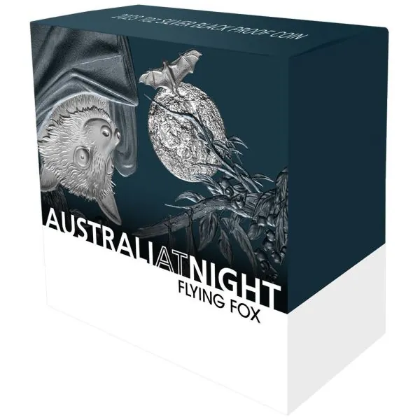 1 Dollar | 1 Unze Silbermünze Niue 2023 in Black Proof | Serie: Australien bei Nacht - Motiv: Flughund - Flying Fox | 8. Ausgabe