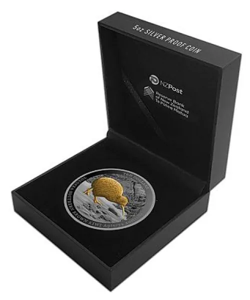 5 Unze Silbermünze Neuseeland 2023 Polierte Platte in Black Proof vergoldet | Motiv: KIWI