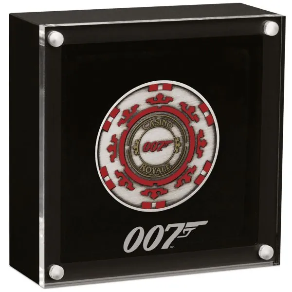 1 Unze Silbermünze Tuvalu 2023 Antique Finish in Farbe - James Bond 007 ™ | Motiv: Casino Royale Casino Chip