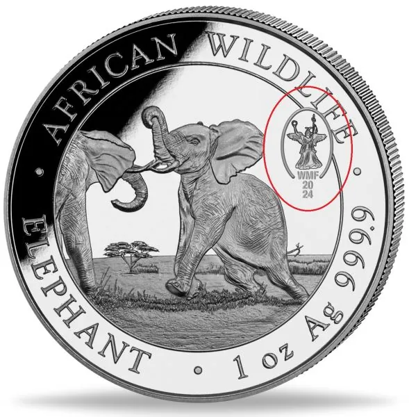 1 Unze Silbermünze Somalia 2024 - Elefant | Privy Mark: World Money Fair Berlin