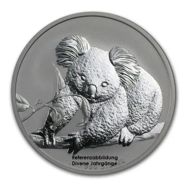 Australische 1 Kilo Silbermünze der Koala Serie von der Perth Mint. Die Münze zeigt ein Koala Motiv. Angeboten werden verschiedene Jahrgänge der Silbermünze.