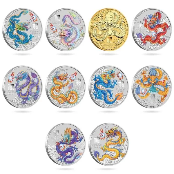Australien Silbermünzen SET 2024 in Farbe und vergoldet - Lunar Serie 3 - Motiv: DRACHE | 10er Münz Set ( Year of the Dragon 1/2oz Silver Ten-Coin Set )