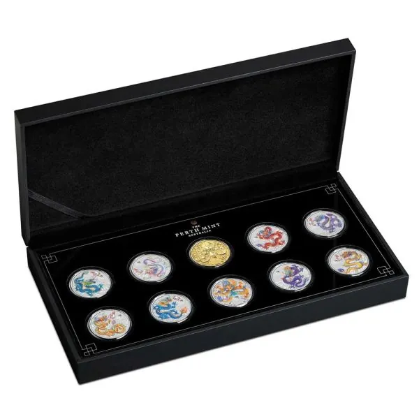 Australien Silbermünzen SET 2024 in Farbe und vergoldet - Lunar Serie 3 - Motiv: DRACHE | 10er Münz Set ( Year of the Dragon 1/2oz Silver Ten-Coin Set )