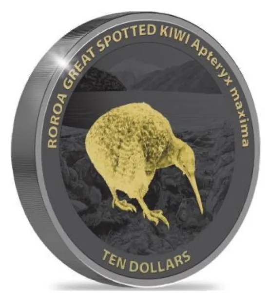5 Unze Silbermünze Neuseeland 2024 - Kiwi in High Relief und Black Proof vergoldet